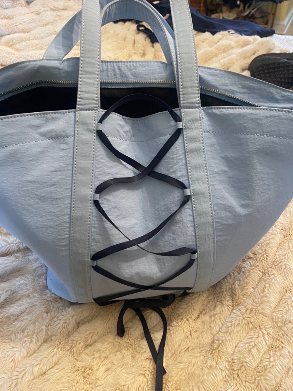 Anthropologie Light Blue Tote with Black Lace-Up Detail